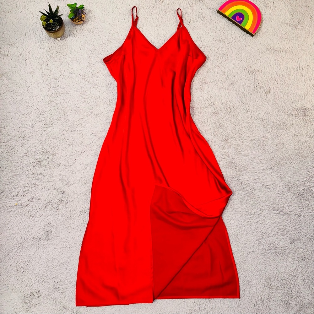 Red satin midi dress